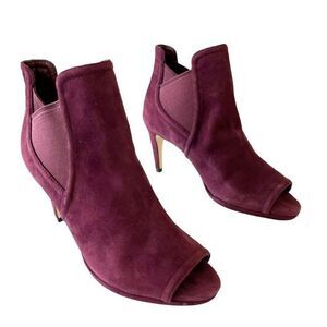 Cole Haan Peep Toe Ankle Booties Size 7B Burgundy Leather Suede Stiletto Heel
